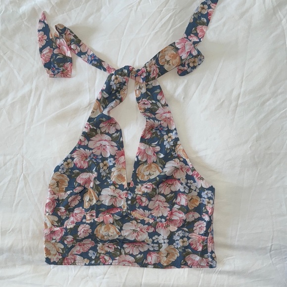 Abercrombie & Fitch Tops - Blue and Pink Halter Crop Top with Tie Front and Sleeveless Design